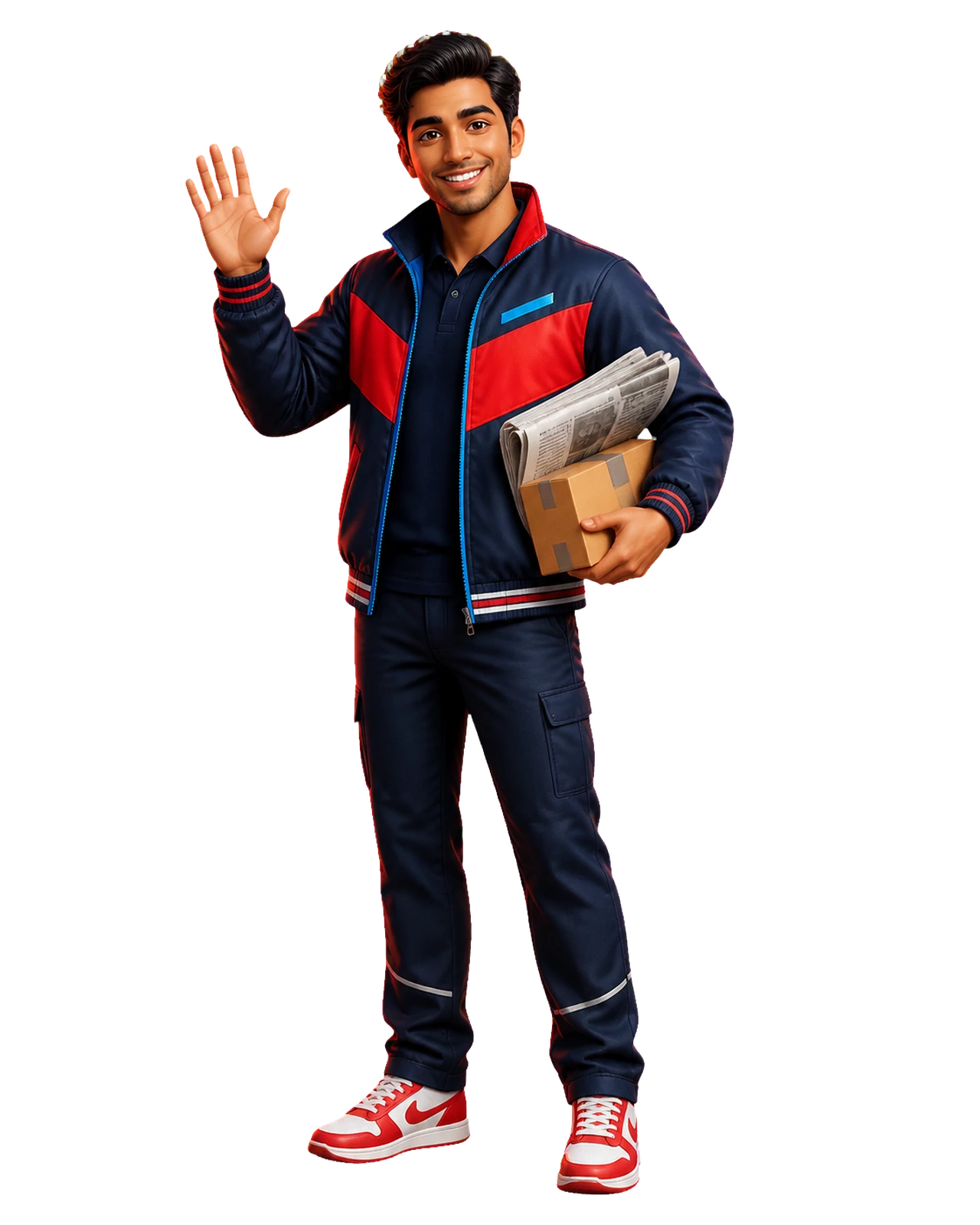 East Street News shop mascot waving while carrying a newspaper and parcel